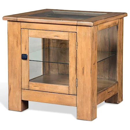 Rustic Curio End Table with Tempered Glass Top Insert